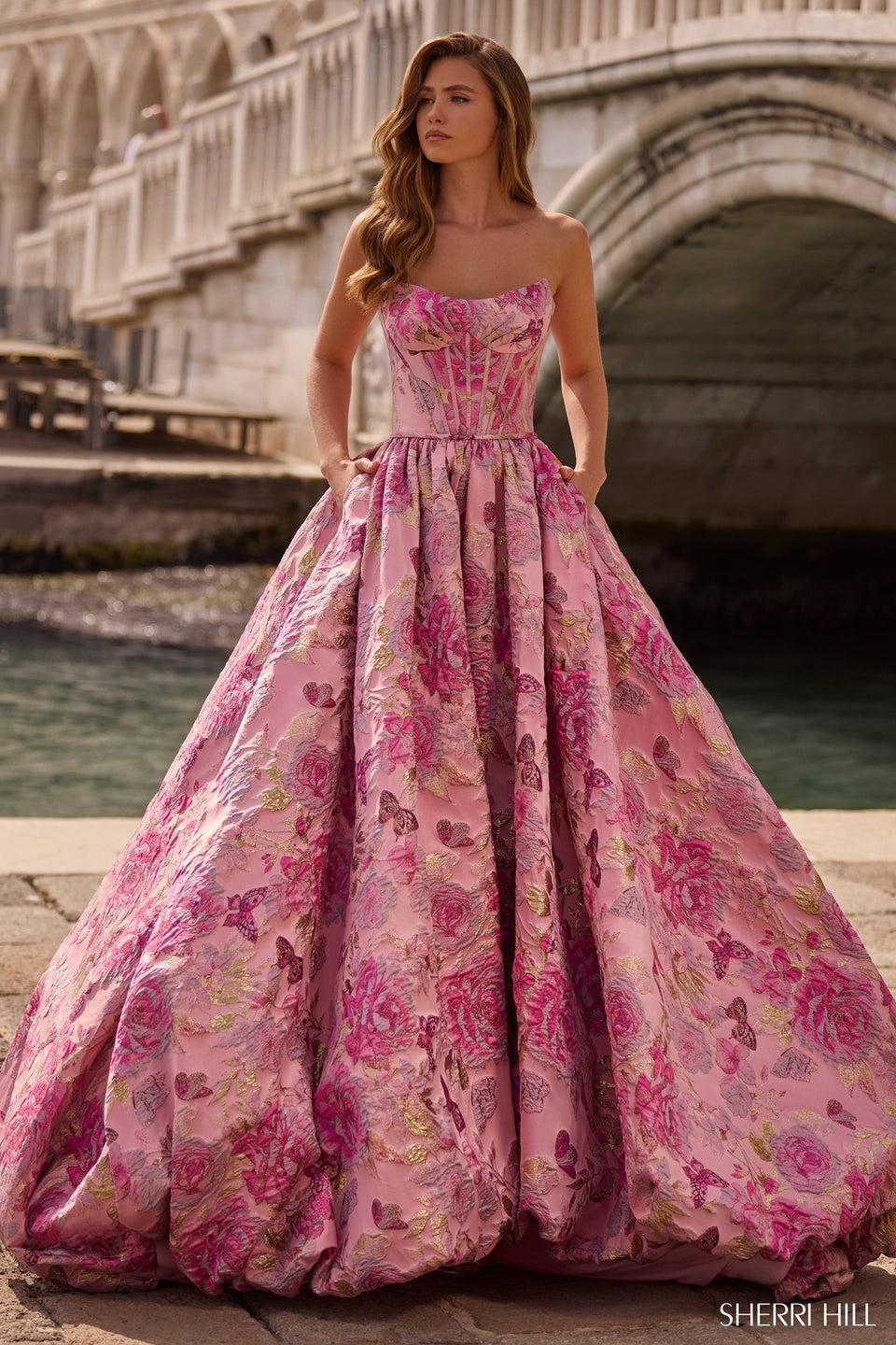 sherri hill Strapless brocade ballgown with corset bodice and lace up back
