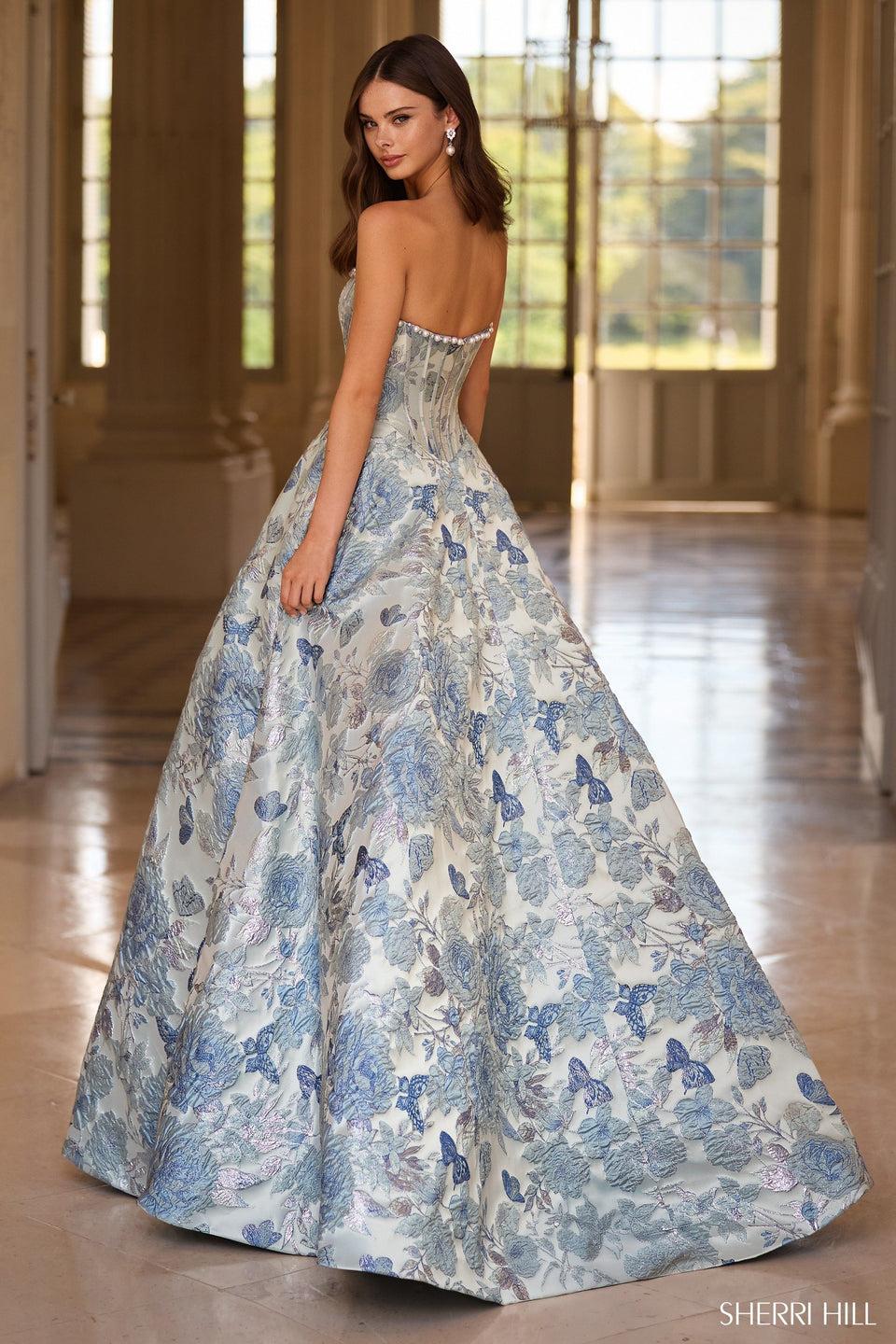 Sherri Hill Strapless Brocade Ballgown With Pearl Embellishments