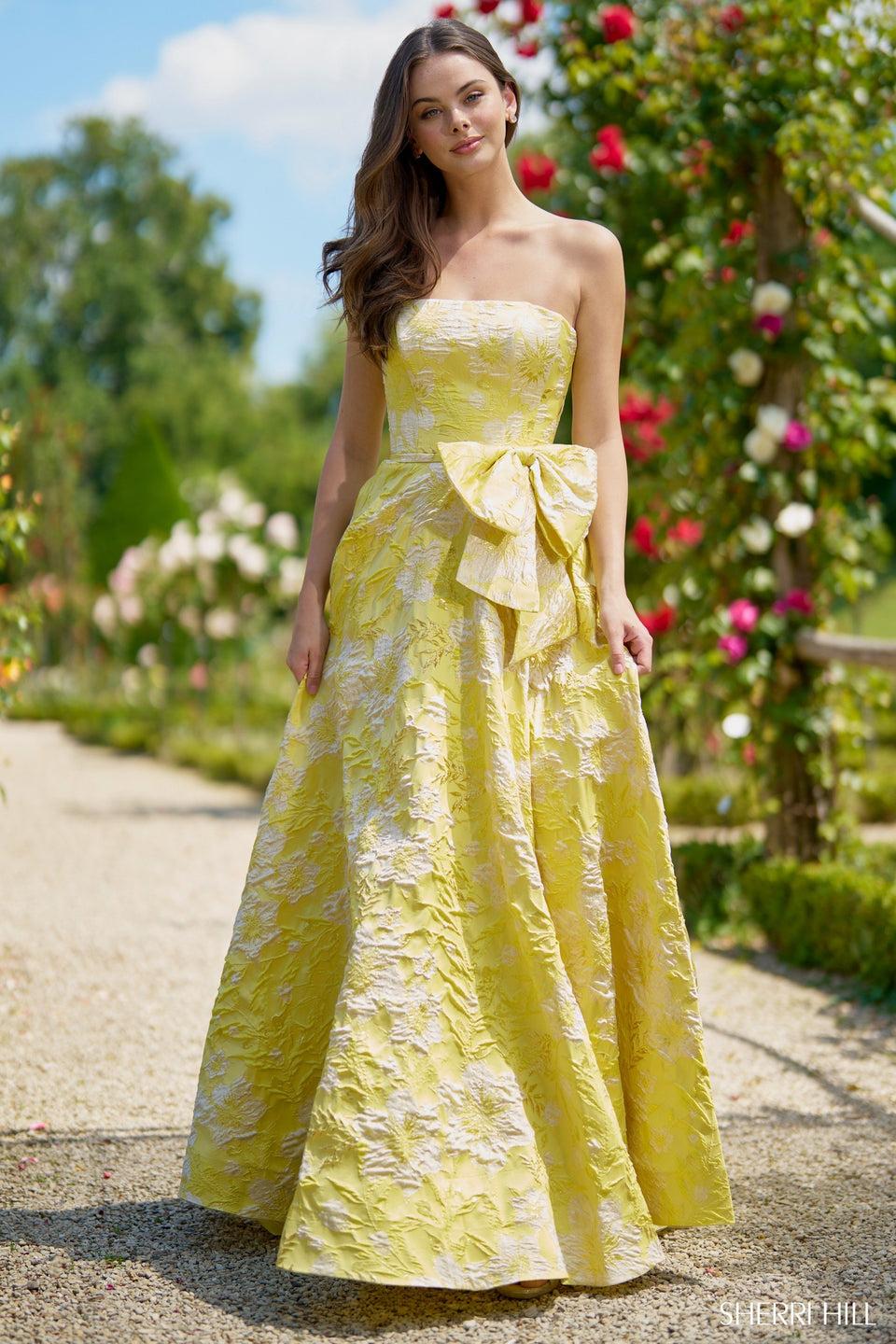 Sherri Hill Strapless Brocade Dress With Bow Embellishment