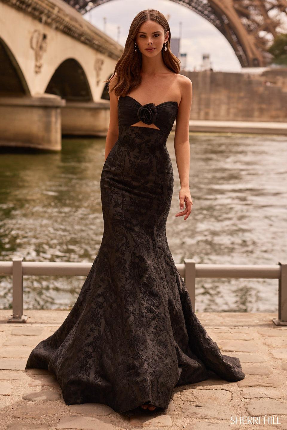 sherri hill Strapless brocade dress with keyhole and rose embellishment