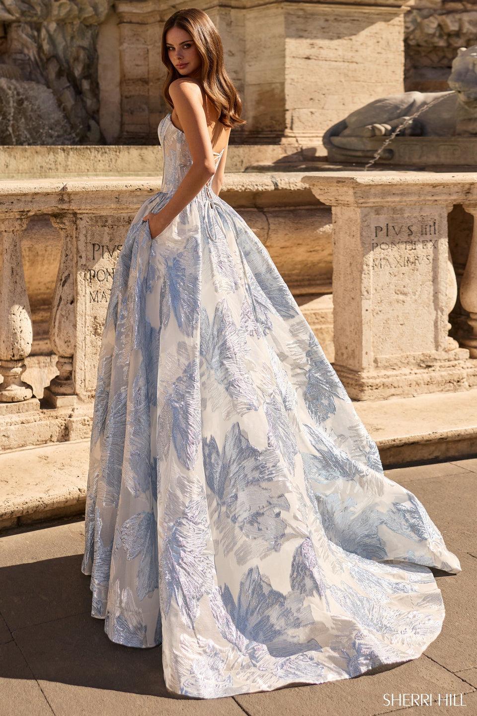 Sherri Hill Strapless Brocade Gown With Corset Bodice And Skirt Slit