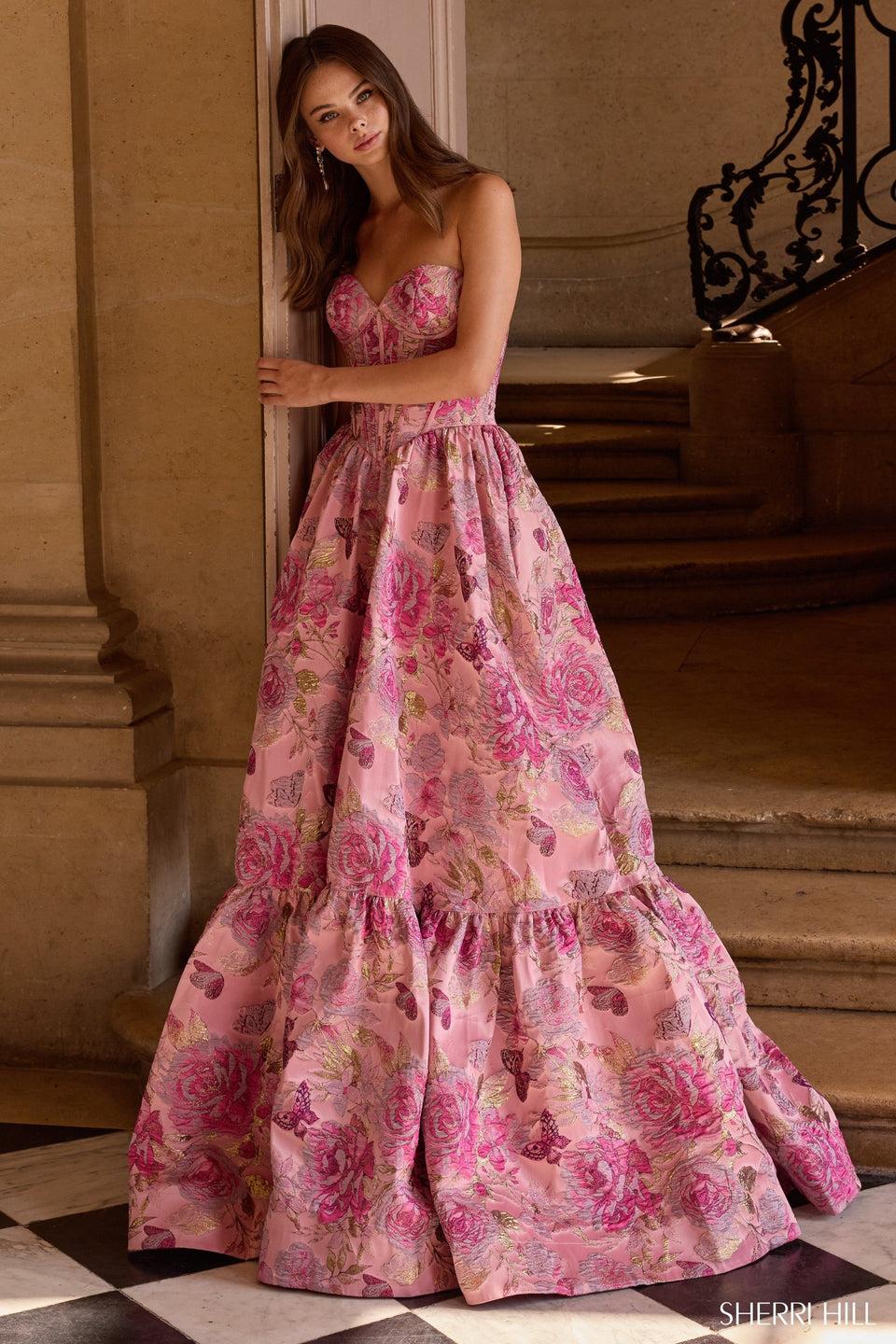 Sherri Hill Strapless Brocade Gown With Corset Bodice