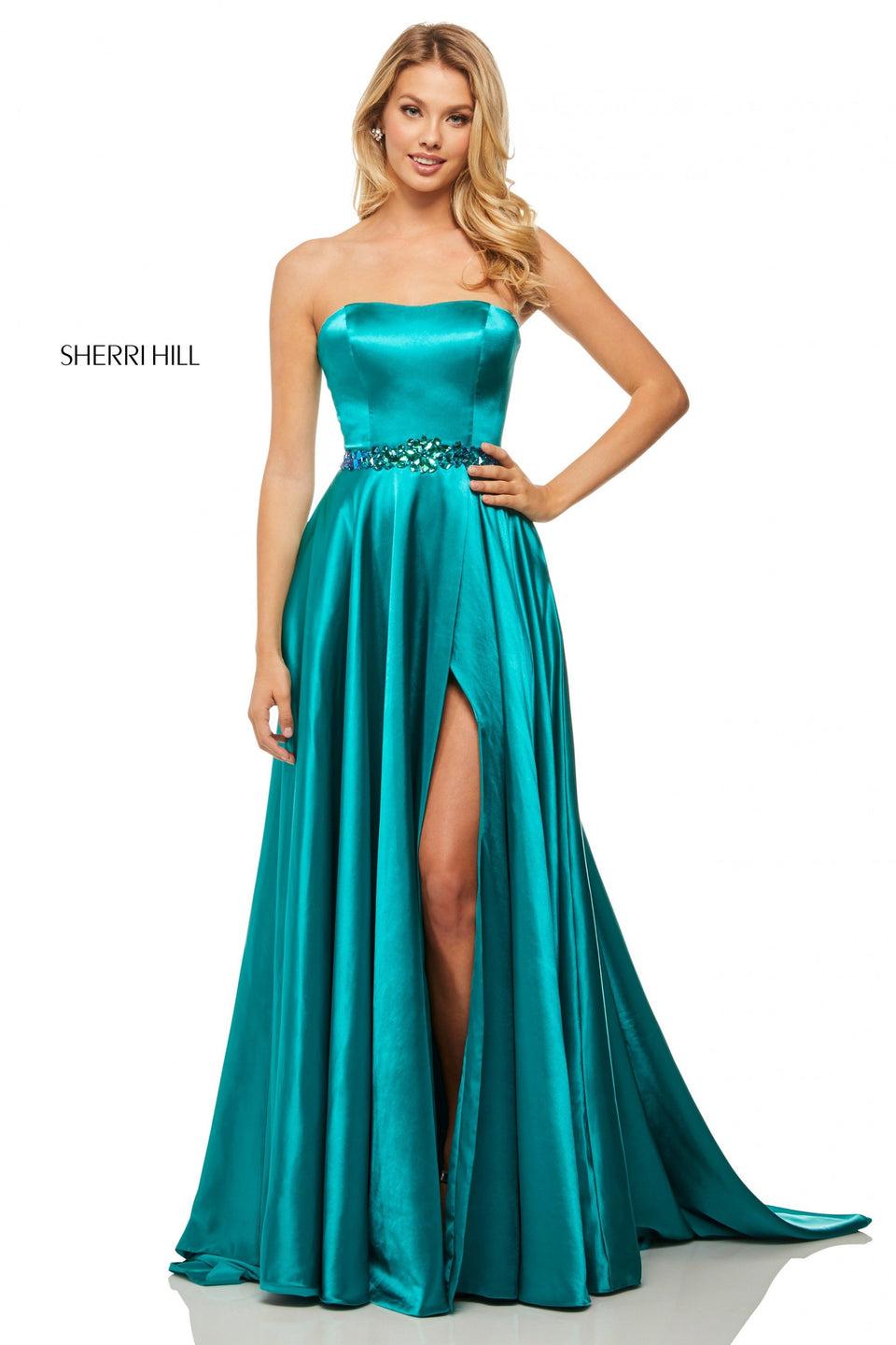 Sherri Hill Strapless Charmeuse Gown With A Beaded Waistband And A Slit