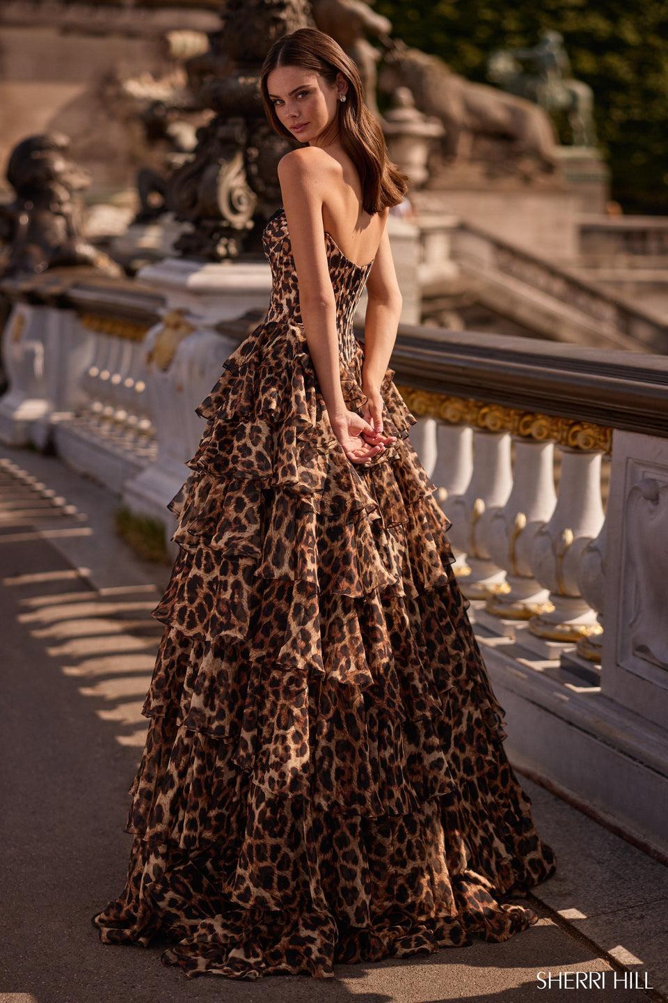 Sherri Hill Strapless Cheetah Print Gown With Corset Bodice And Chiffon Ruffle Skirt