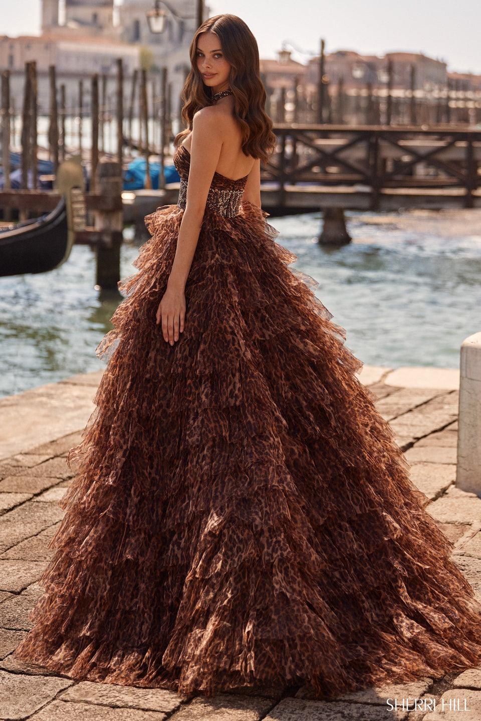 Sherri Hill Strapless Cheetah Print Gown With Ruffle Skirt Keyhole And A Choker