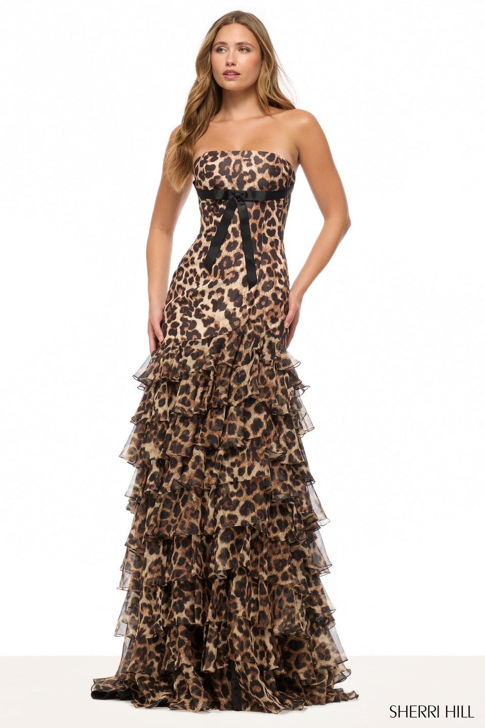 Sherri Hill Strapless Cheetah Print Taffeta Mermaid Gown With Chiffon Ruffle Skirt Slit