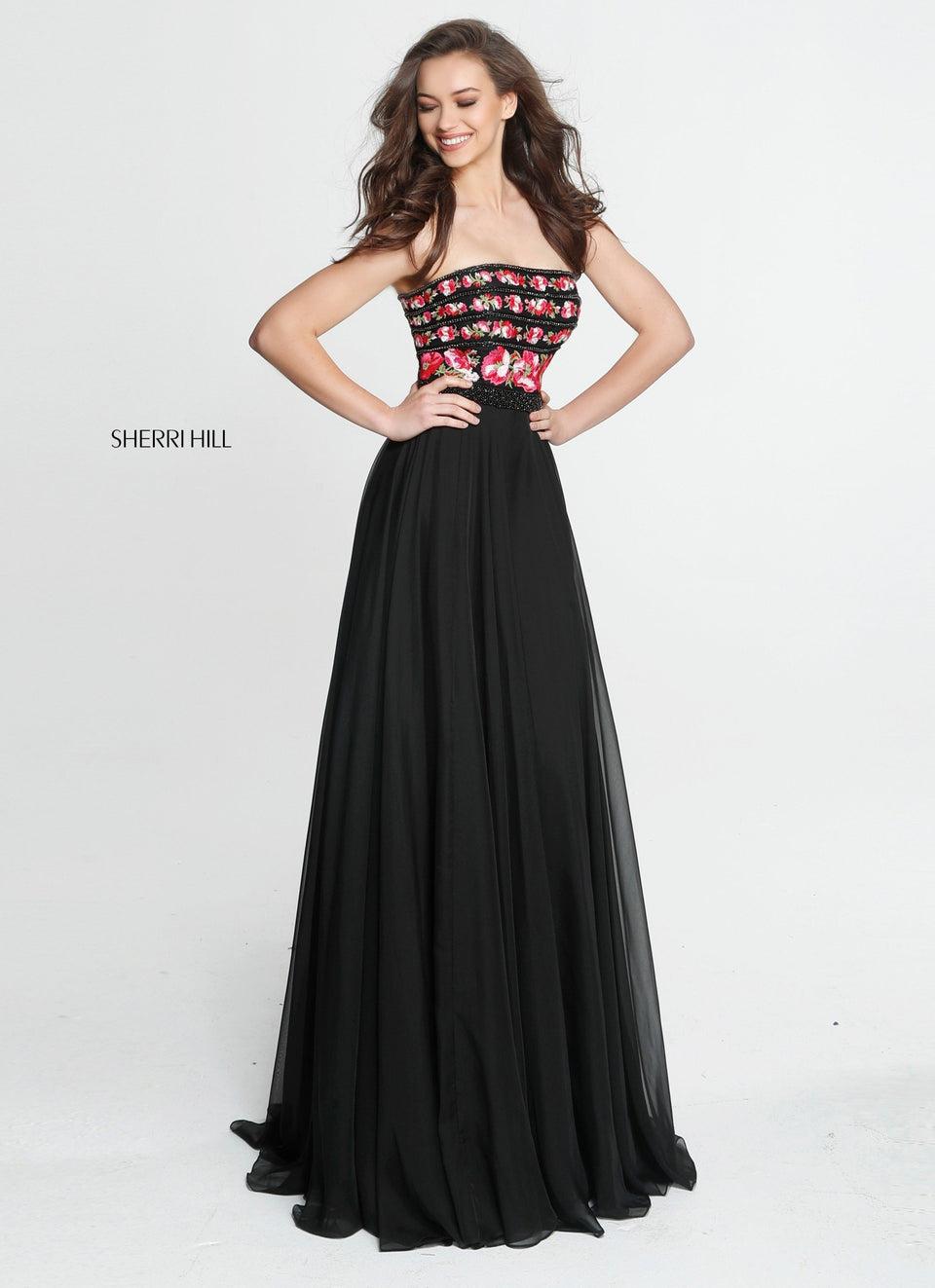 Sherri Hill Strapless Chiffon A-line Gown With A Floral And Beaded Embroidered Bodice
