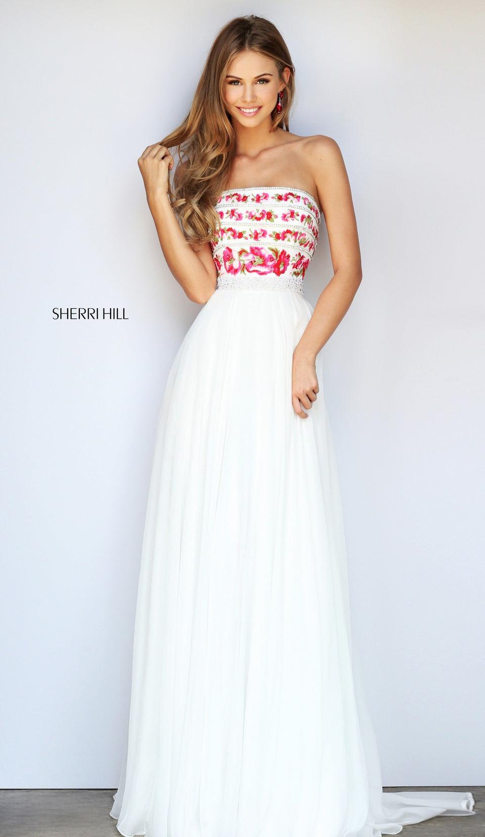 sherri hill Strapless chiffon A-line gown with a floral and beaded embroidered bodice