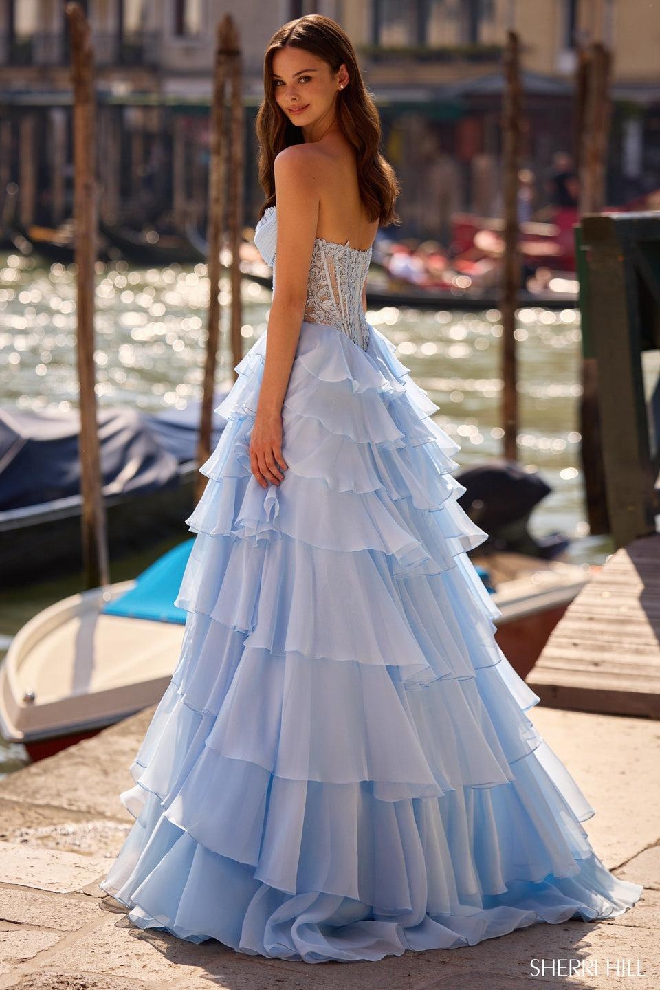 Sherri Hill Strapless Chiffon Ballgown With Corset Leaf Lace Bodice And Chiffon Ruffle Skirt