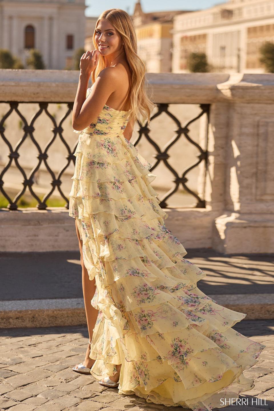 Sherri Hill Strapless Chiffon Floral Gown With Ruffle Skirt And Slit