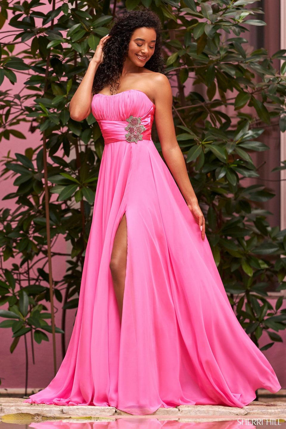 sherri hill Strapless chiffon gown with a satin rouched waistband beaded flower embellishment and high skirt slit