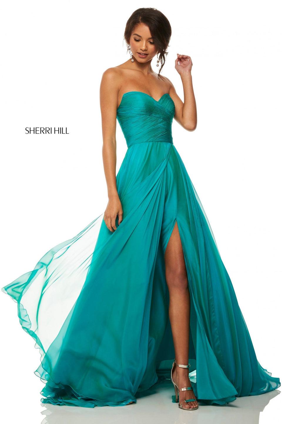 sherri hill Strapless chiffon gown with pleated bodice