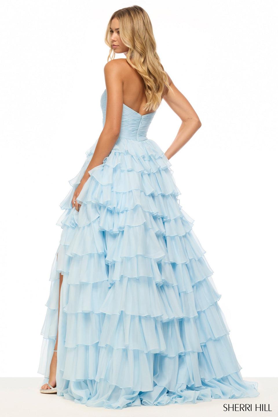 Sherri Hill Strapless Chiffon Ruffle Ballgown With With Skirt Slit