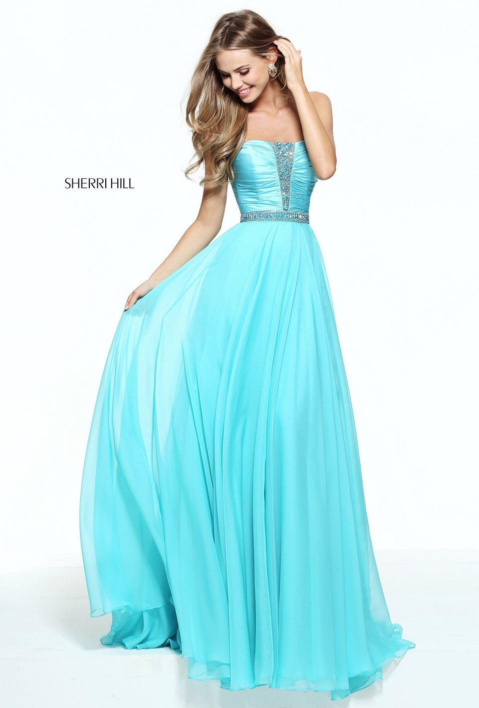 sherri hill Strapless chiffon with a satin ruched bodice and a beaded waist band