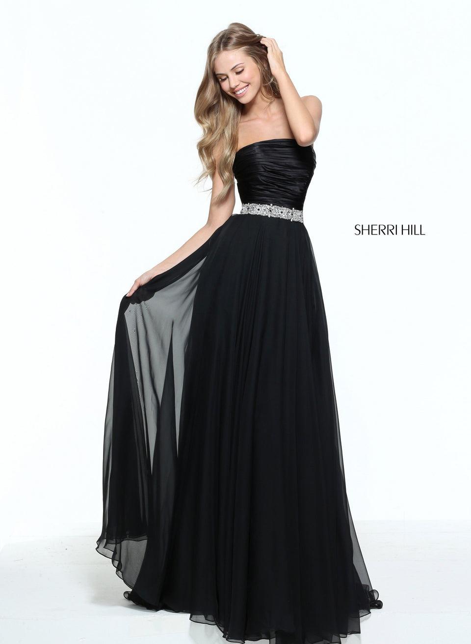 sherri hill Strapless chiffon with a satin ruched bodice and a beaded waist band