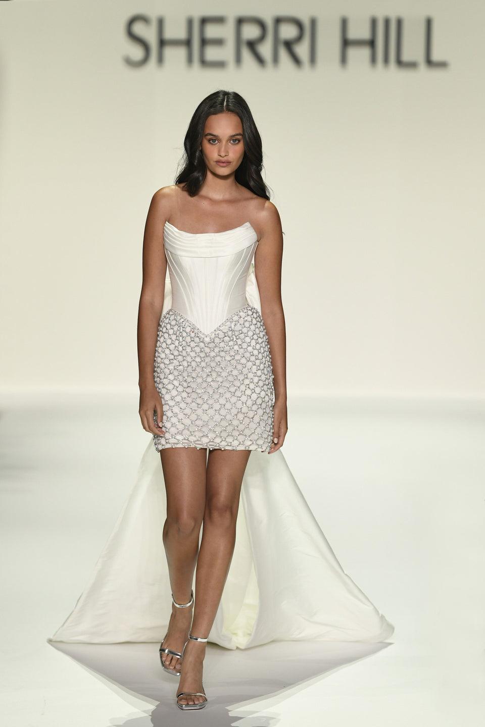 sherri hill Strapless cocktail dress with corset bodice and pearl skirt with detachable taffeta cape