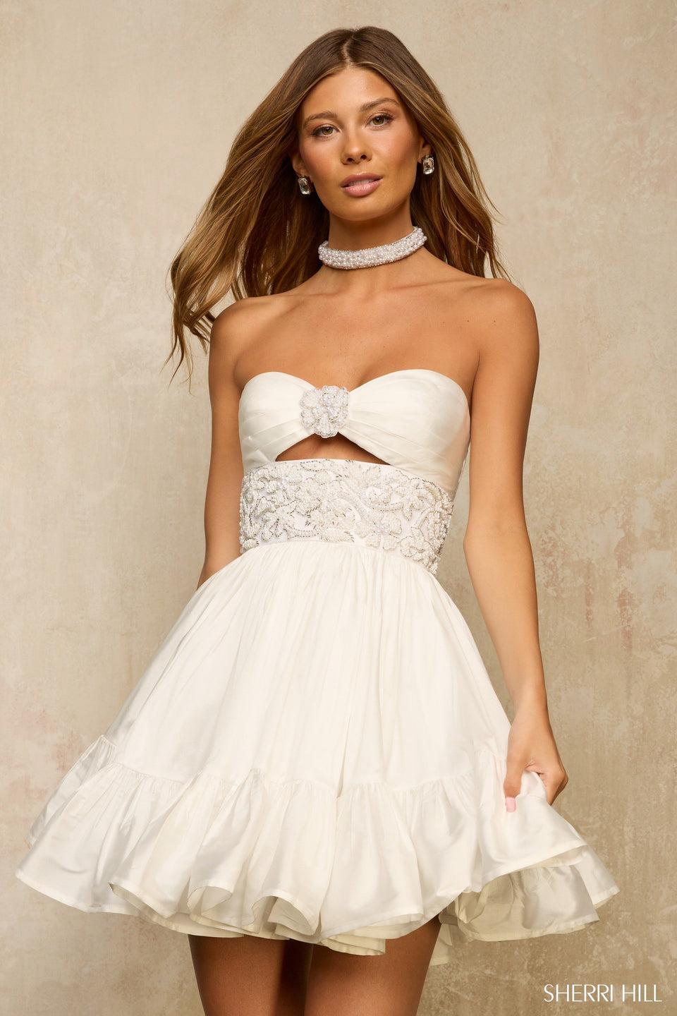 sherri hill Strapless cocktail dress with cutout bead embellishments and a choker
