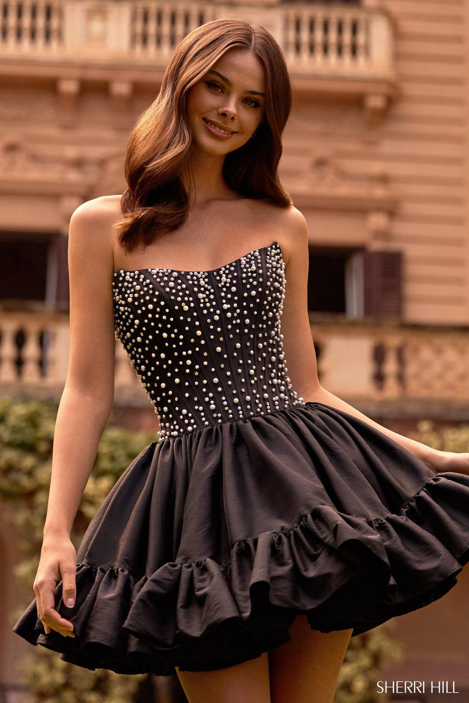 Sherri Hill Strapless Cocktail Dress With Pearl Embellished Corset Bodice And Bubble Skirt