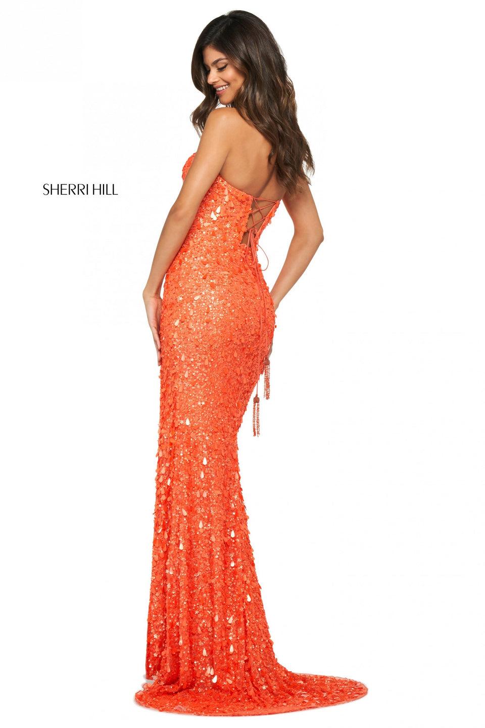 Sherri Hill Strapless Column Dress With Teardrop Paillette Sequins Lace Up Back And Skirt Slit