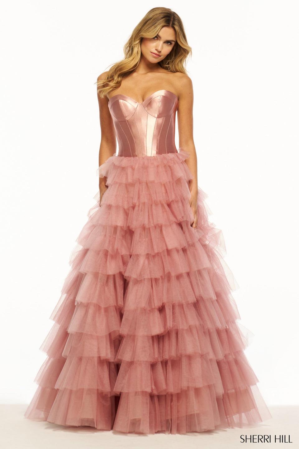 Sherri Hill Strapless Corset Ball Gown With Tulle Ruffle Skirt Slit