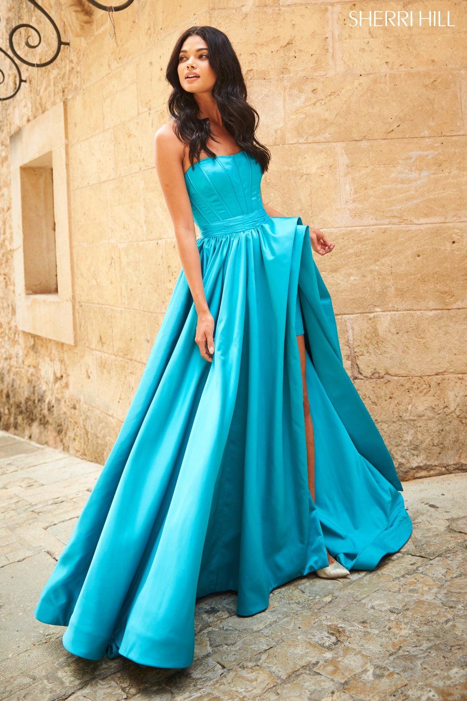 sherri hill Strapless corset bodice with A-line ruffle slit skirt