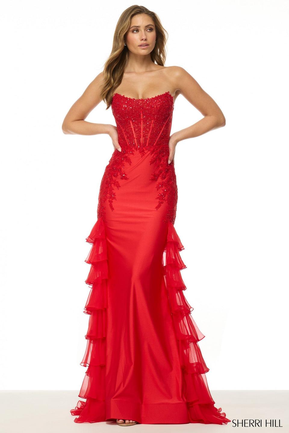 Sherri Hill Strapless Corset Fitted Gown With Chiffon Ruffle Side Skirt