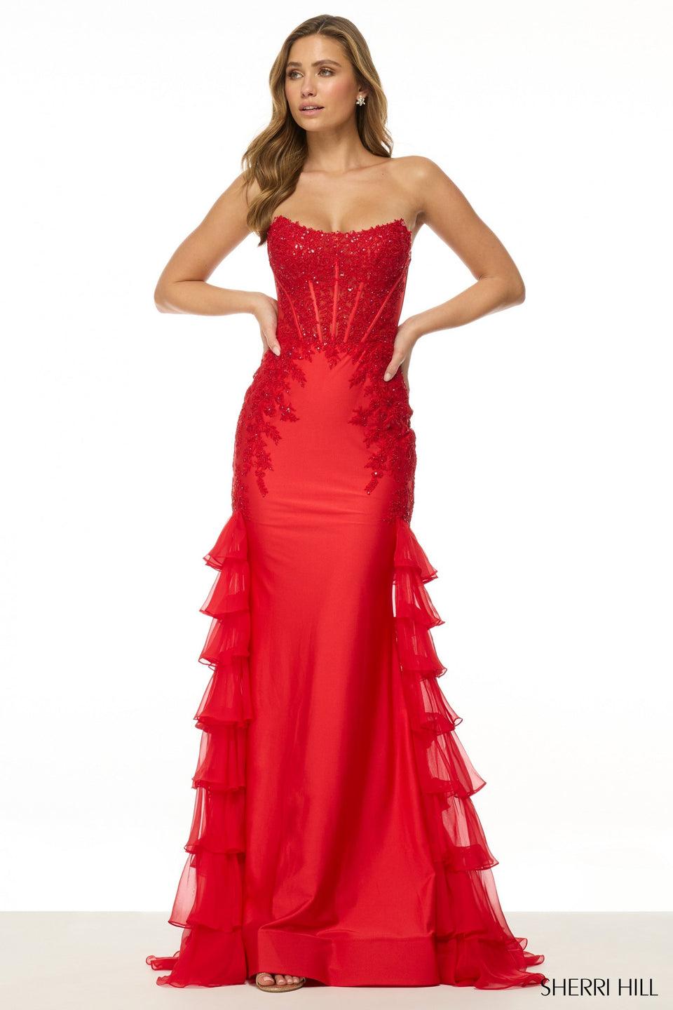 sherri hill Strapless corset fitted gown with chiffon ruffle side skirt
