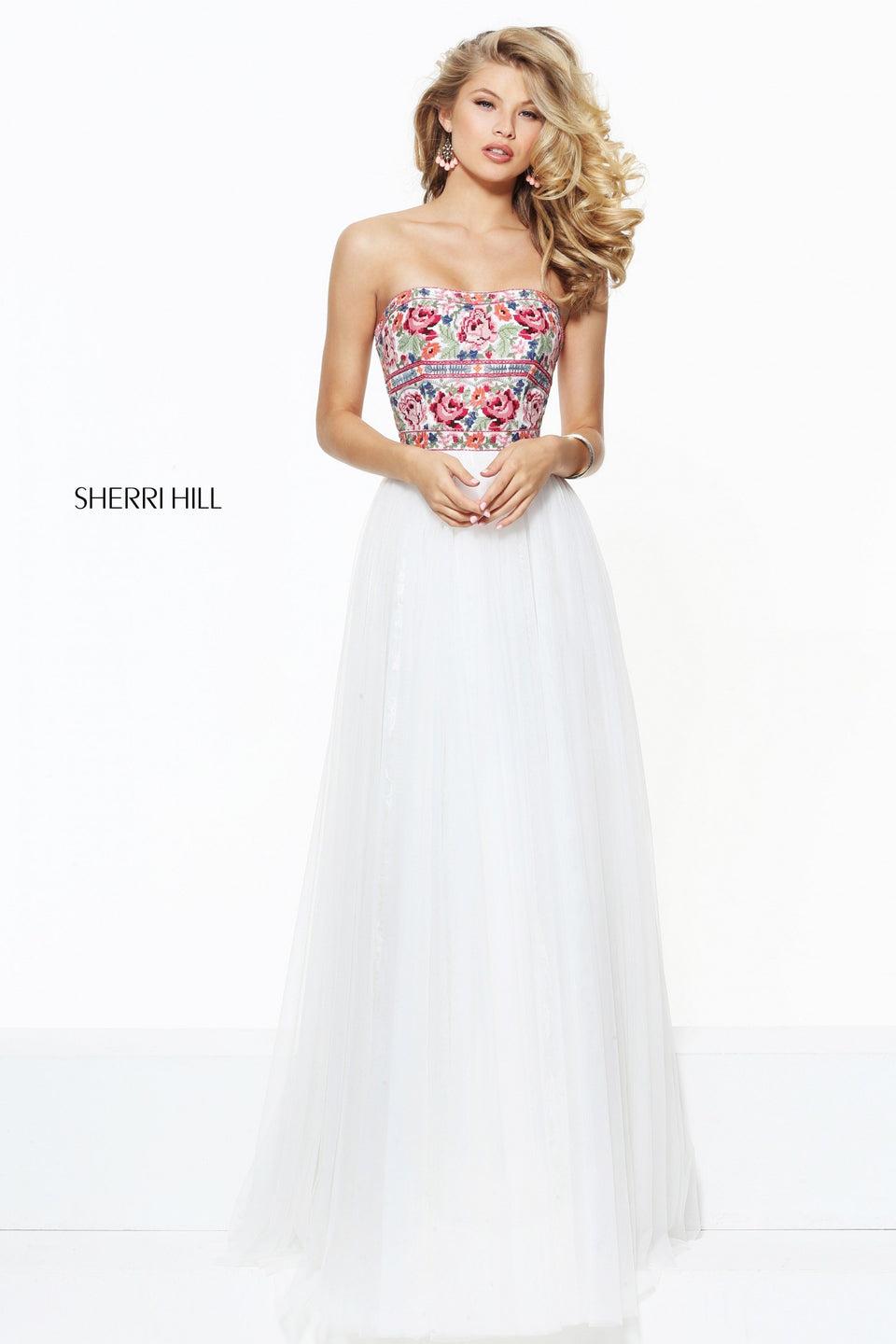 Sherri Hill Strapless Cross Stitch Floral Embroidered Bodice With Matching Choker And Chiffon Skirt