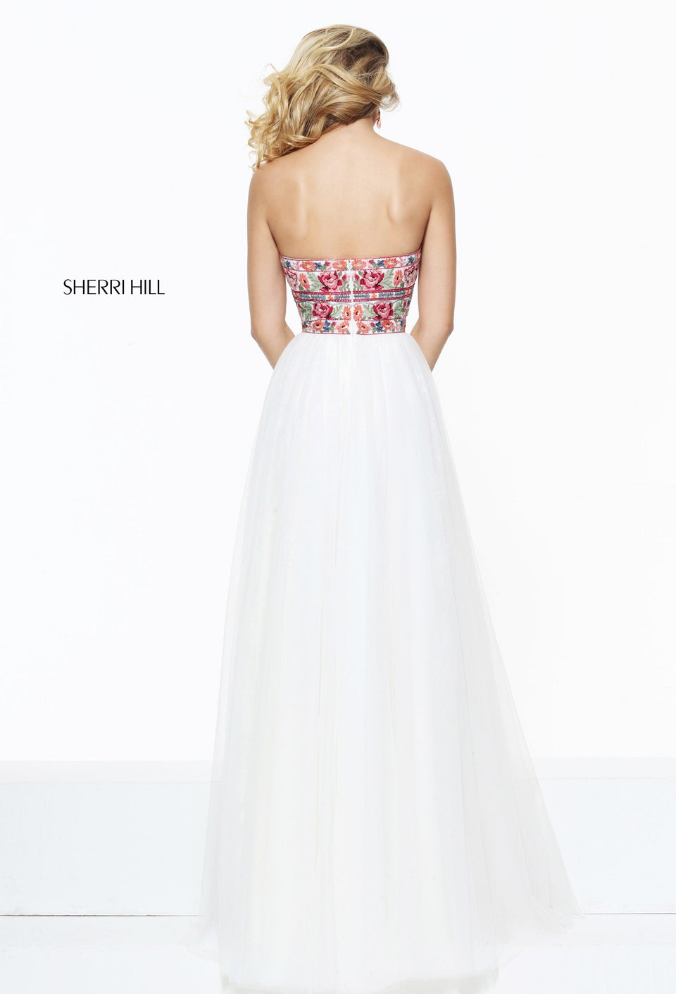Sherri Hill Strapless Cross Stitch Floral Embroidered Bodice With Matching Choker And Chiffon Skirt