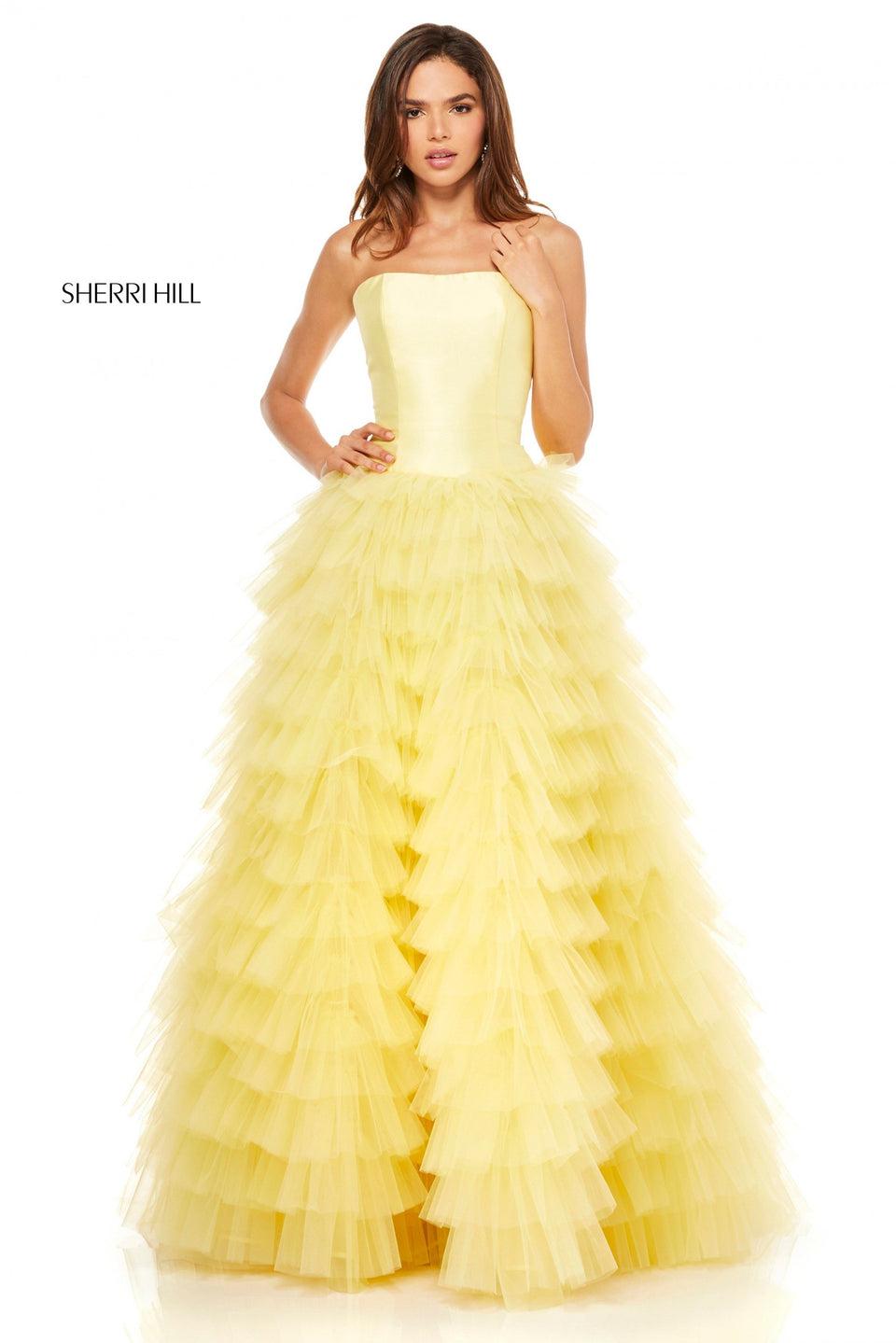 Sherri Hill Strapless Drop Waist Ball Gown With Ruffle Tulle Skirt