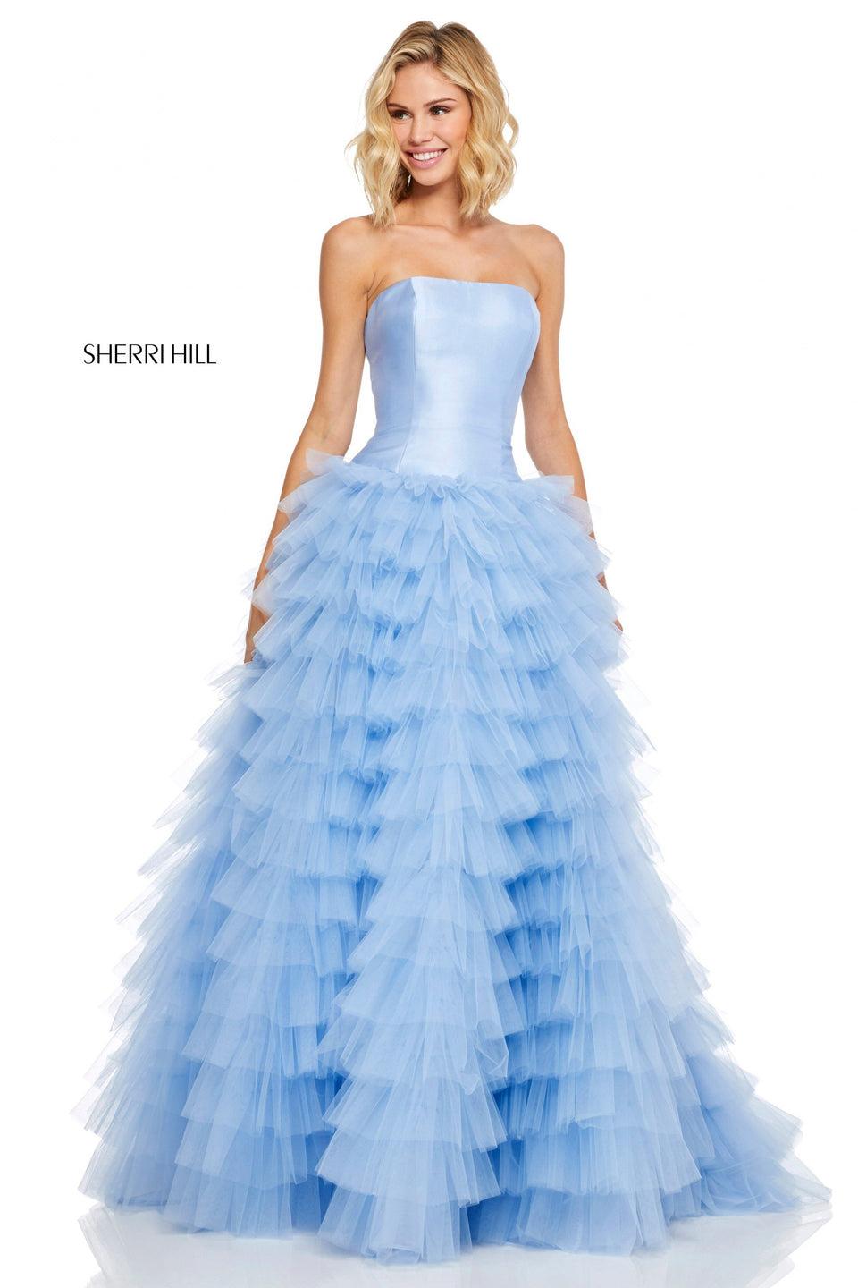 sherri hill Strapless drop waist ball gown with ruffle tulle skirt