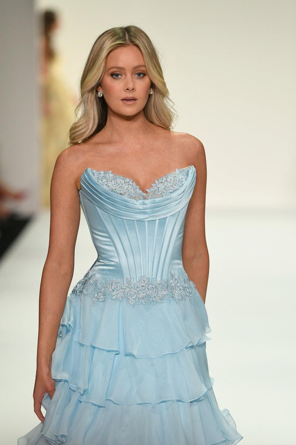 Sherri Hill Strapless Drop Waist Ballgown With Chiffon Ruffle Skirt