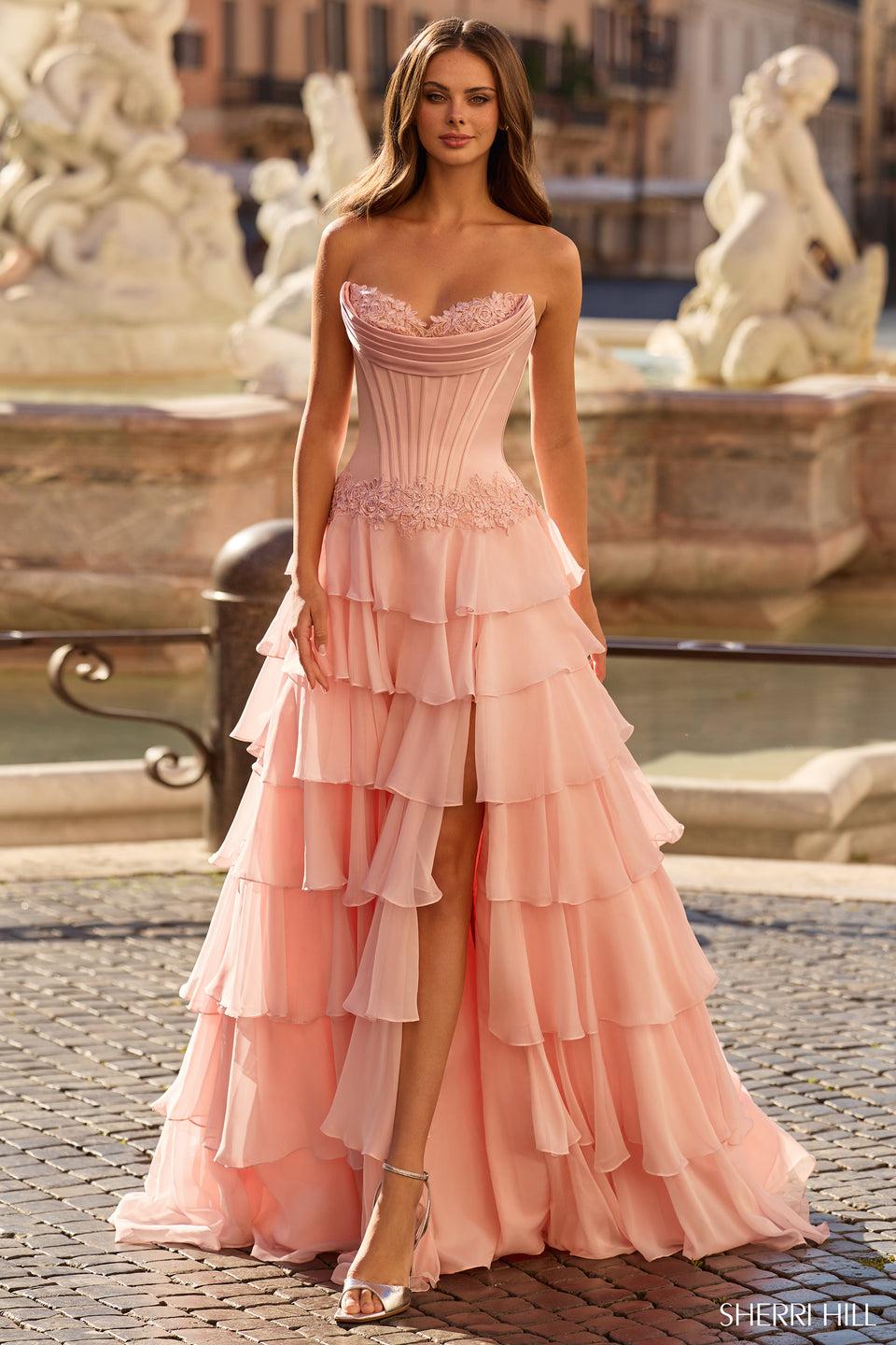 sherri hill Strapless drop waist ballgown with chiffon ruffle skirt