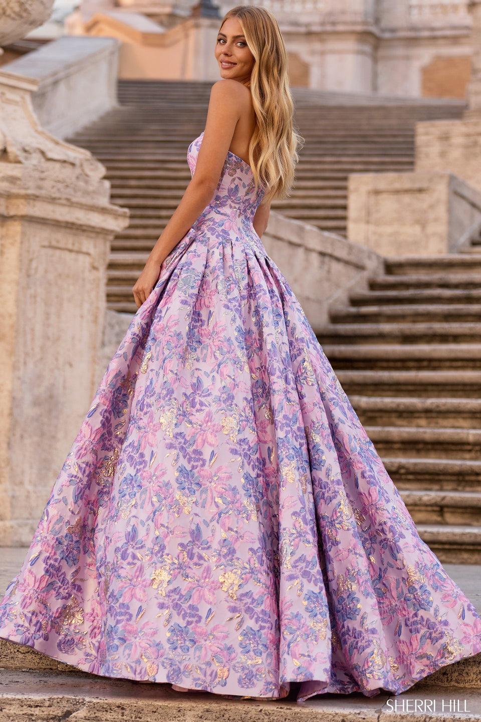 Sherri Hill Strapless Drop-waist Brocade Ballgown With Bow On Hip