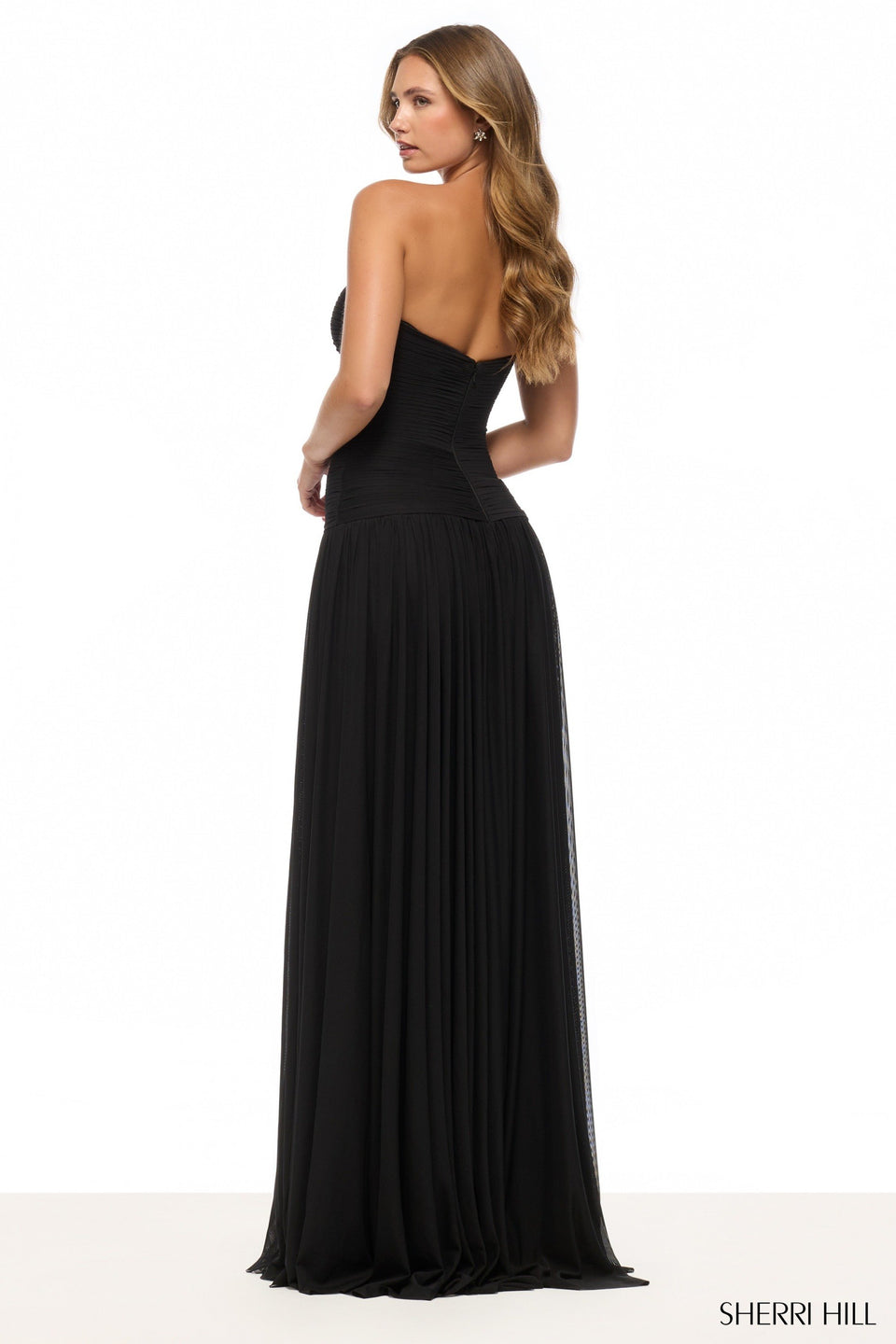 Sherri Hill Strapless Drop-waist Mesh Gown With Skirt Slit