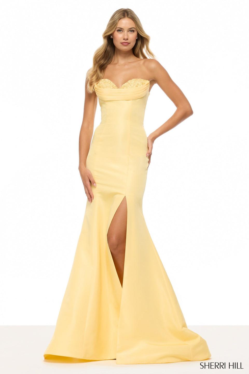 Sherri Hill Strapless Fitted Gown With Corset Bodice And A Skirt Slit
