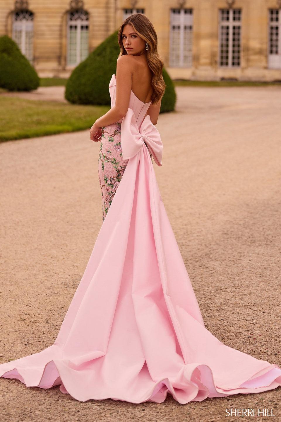 Sherri Hill Strapless Fitted Gown With Corset Bodice And Beaded Floral Skirt With Detachable Taffeta Skirt
