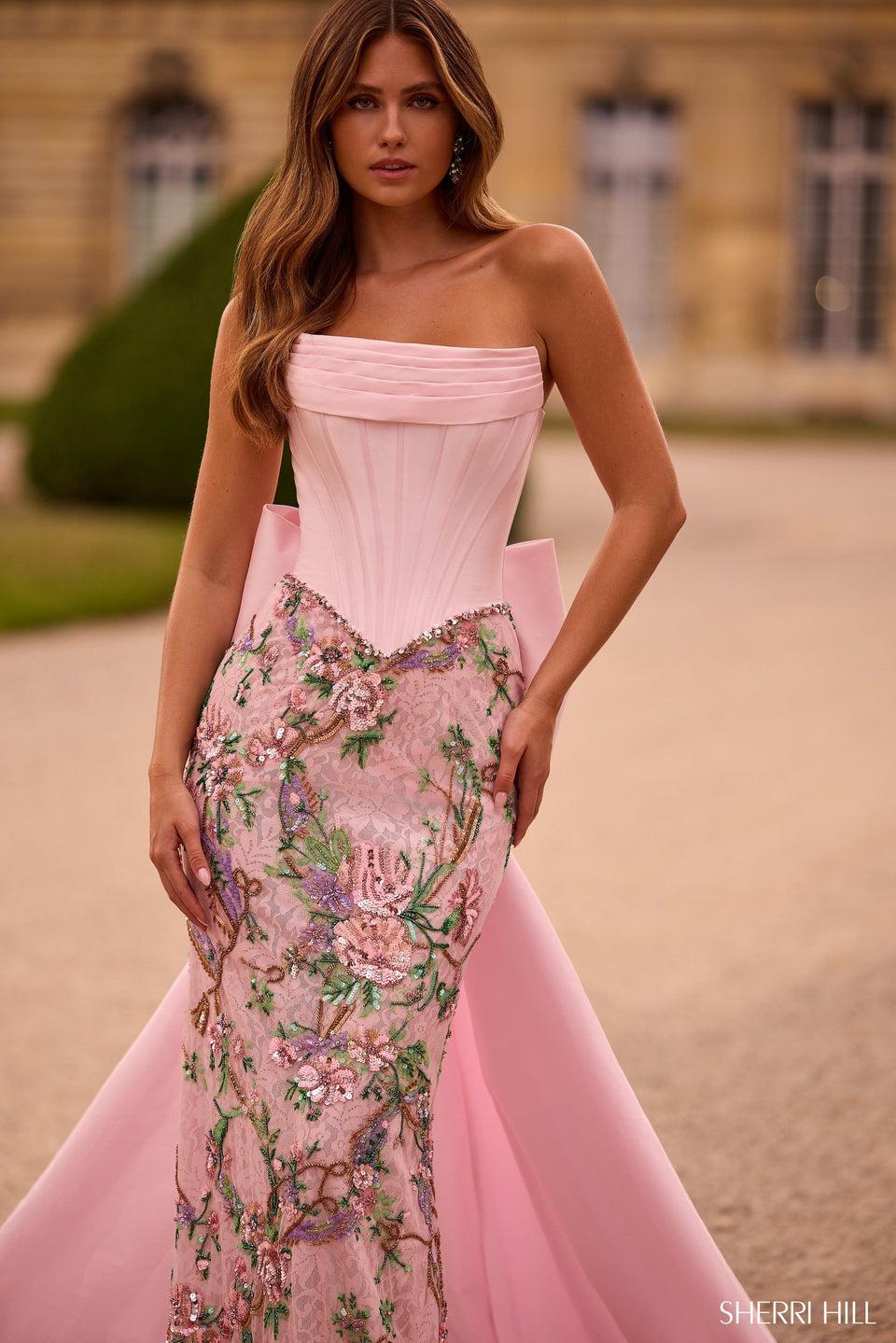sherri hill Strapless fitted gown with corset bodice and beaded floral skirt with detachable taffeta skirt