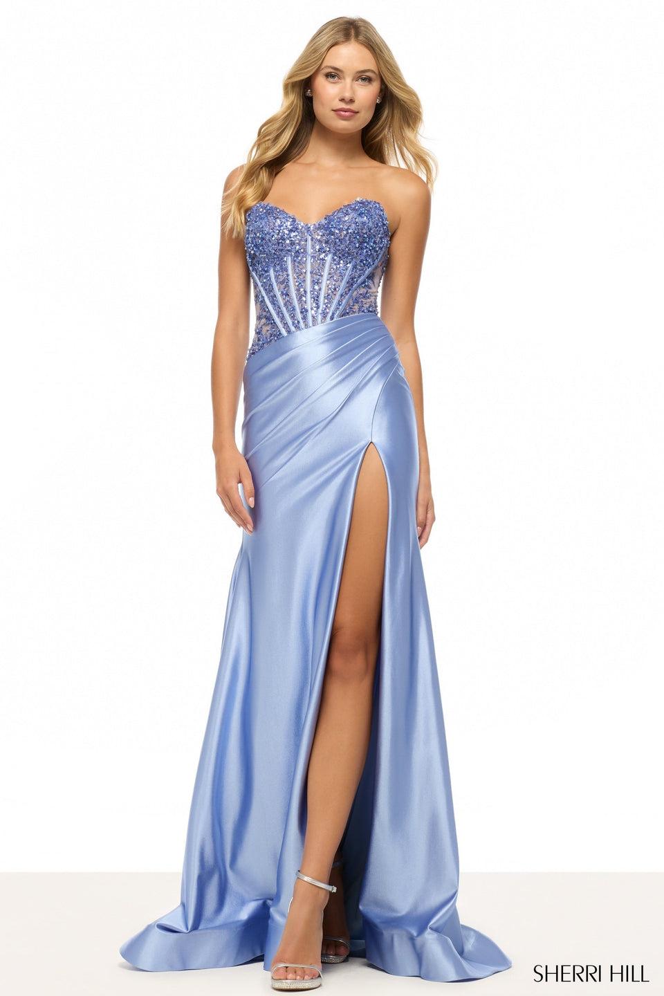 sherri hill Strapless fitted gown with lace corset bodice and a stretch satin ruched skirt with slit
