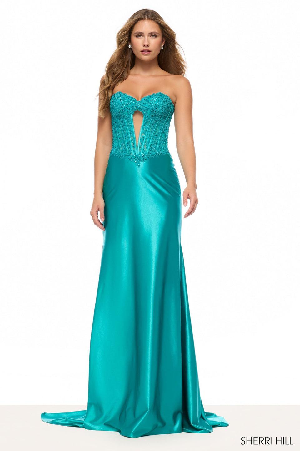 Sherri Hill Strapless Fitted Gown With Lace Corset Bodice Keyhole And A Stretch Satin Skirt