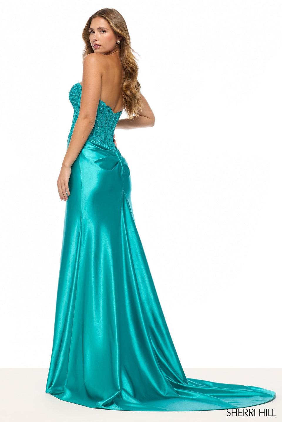 Sherri Hill Strapless Fitted Gown With Lace Corset Bodice Keyhole And A Stretch Satin Skirt