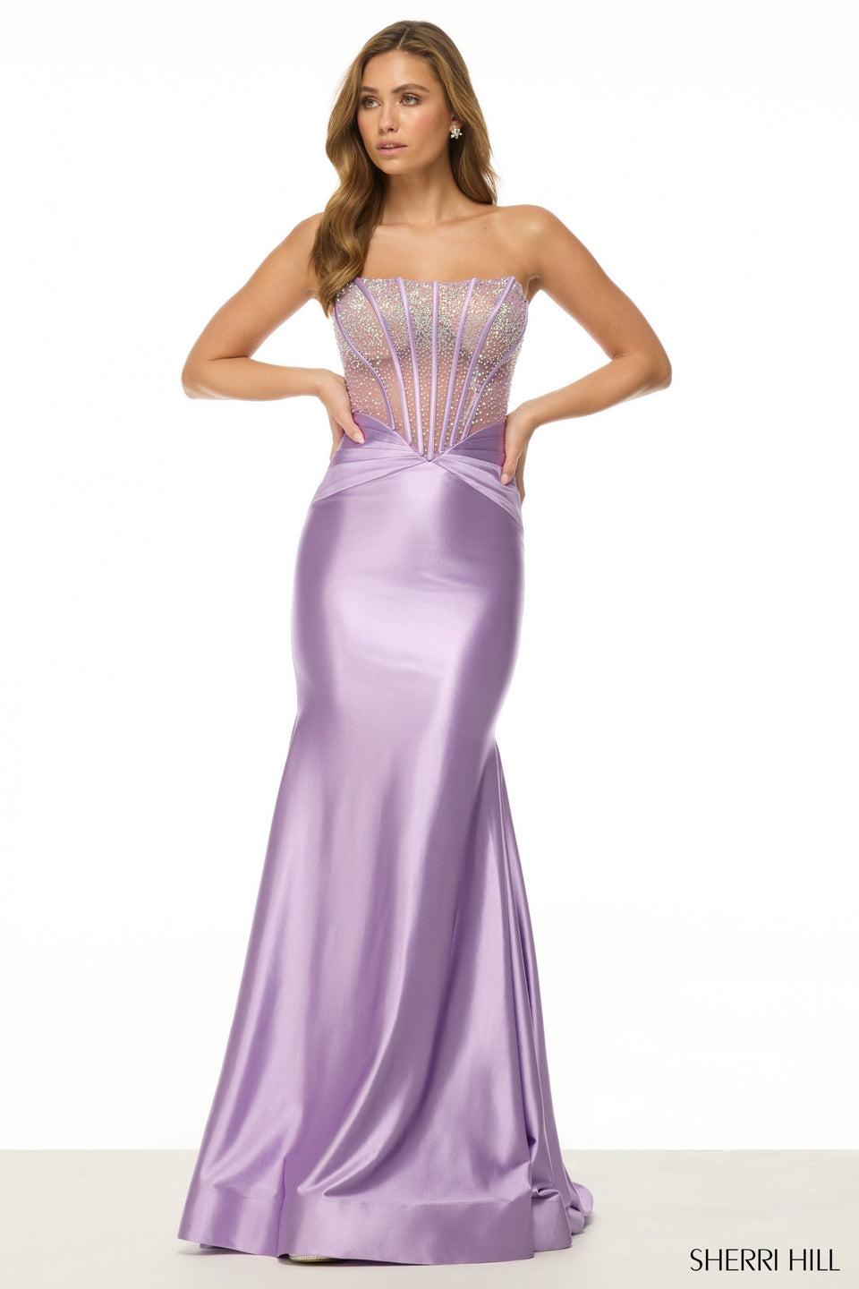 Sherri Hill Strapless Fitted Gown With Sheer Corset Bodice