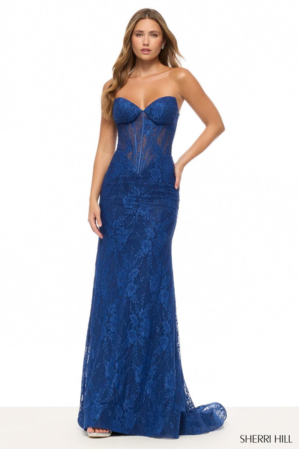 Sherri Hill Strapless Fitted Hot Fix Lace Gown With Sheer Corset Bodice