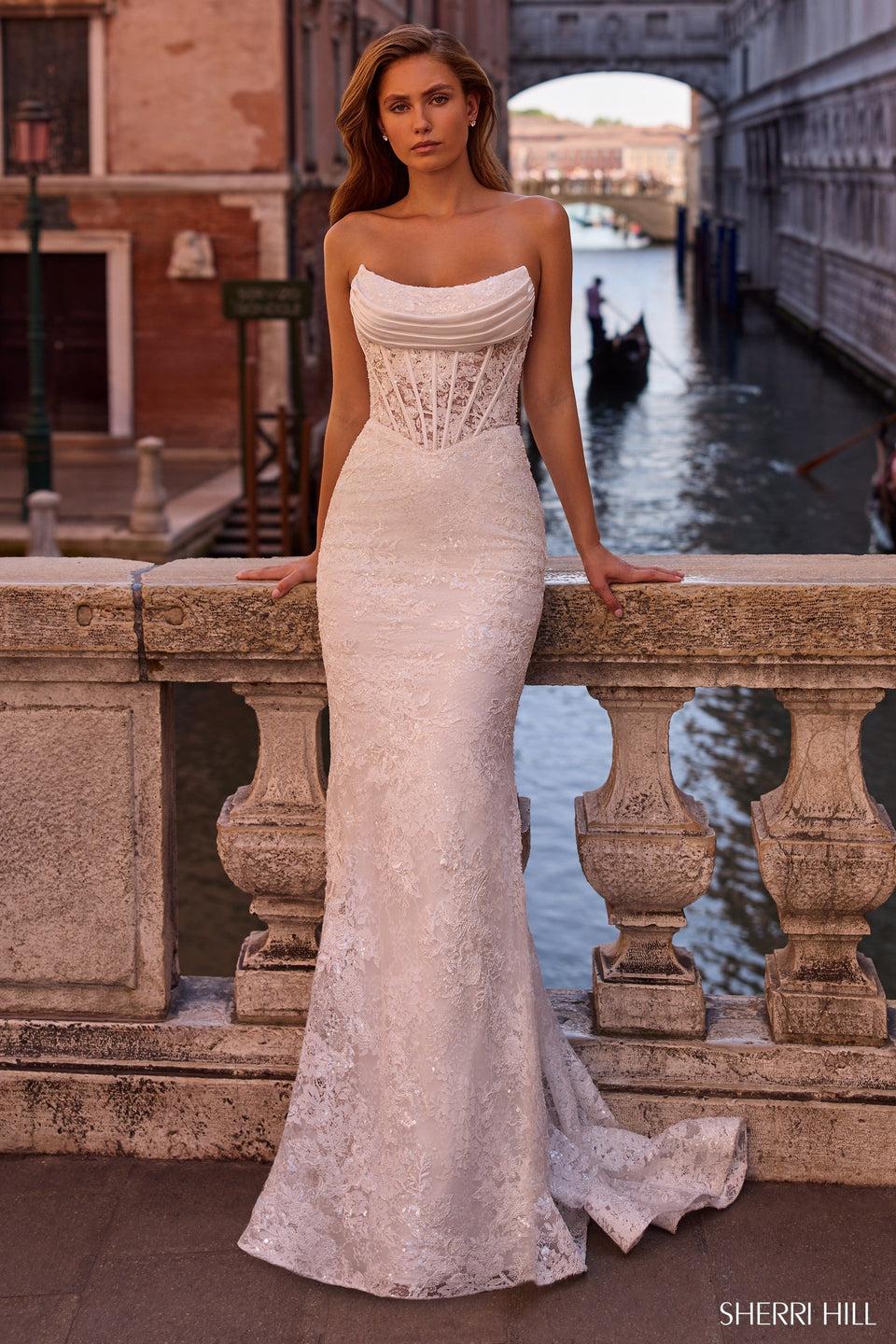 Sherri Hill Strapless Fitted Lace Gown With Corset Bodice