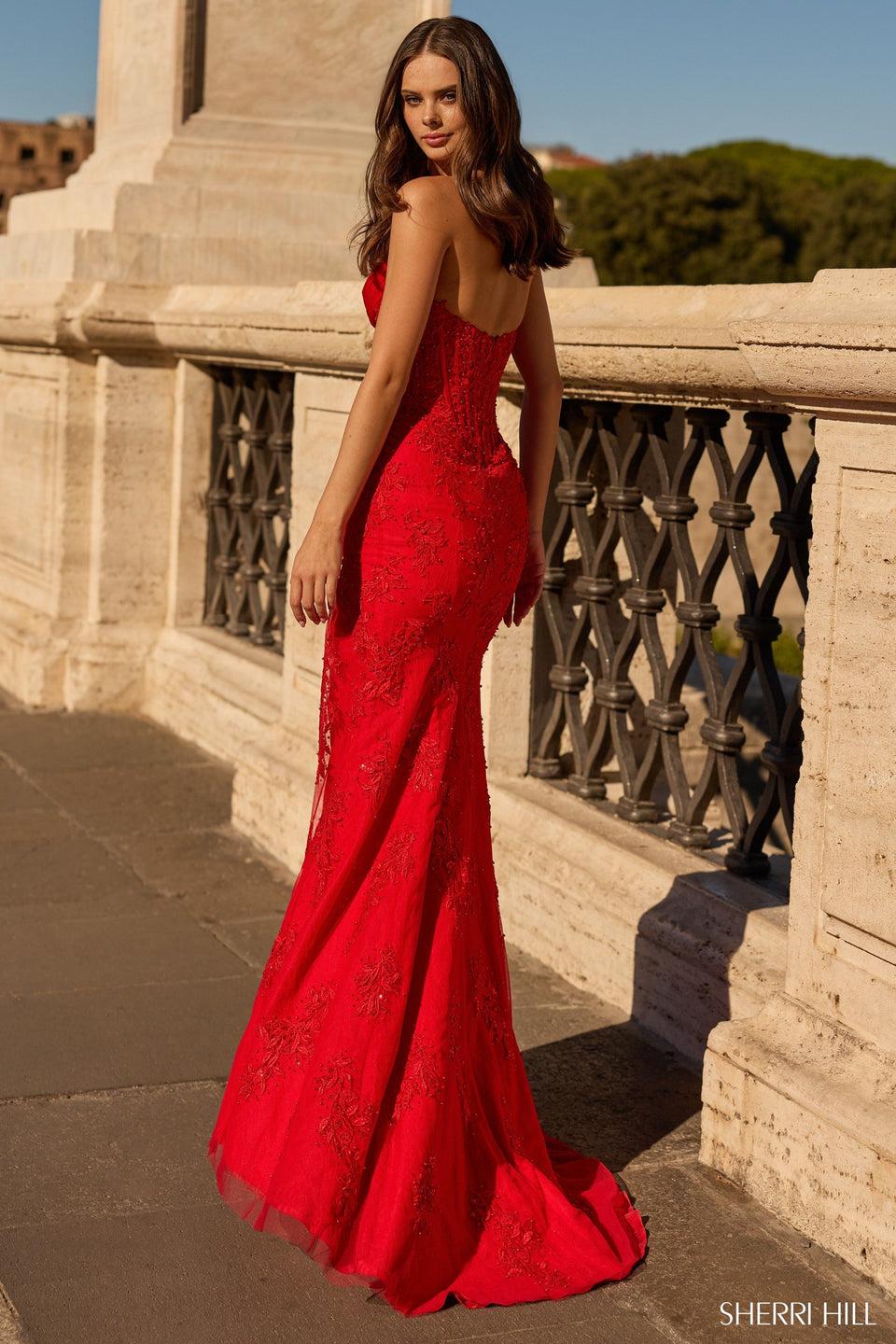 Sherri Hill Strapless Fitted Leaf Lace Gown With Corset Bodice And Skirt Slit