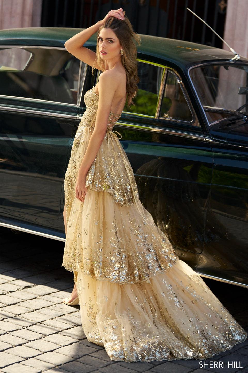 Sherri Hill Strapless Fitted Sequin Lace Gown With Corset Top Skirt Slit And Tulle Lace Sequin Ruffle Overskirt