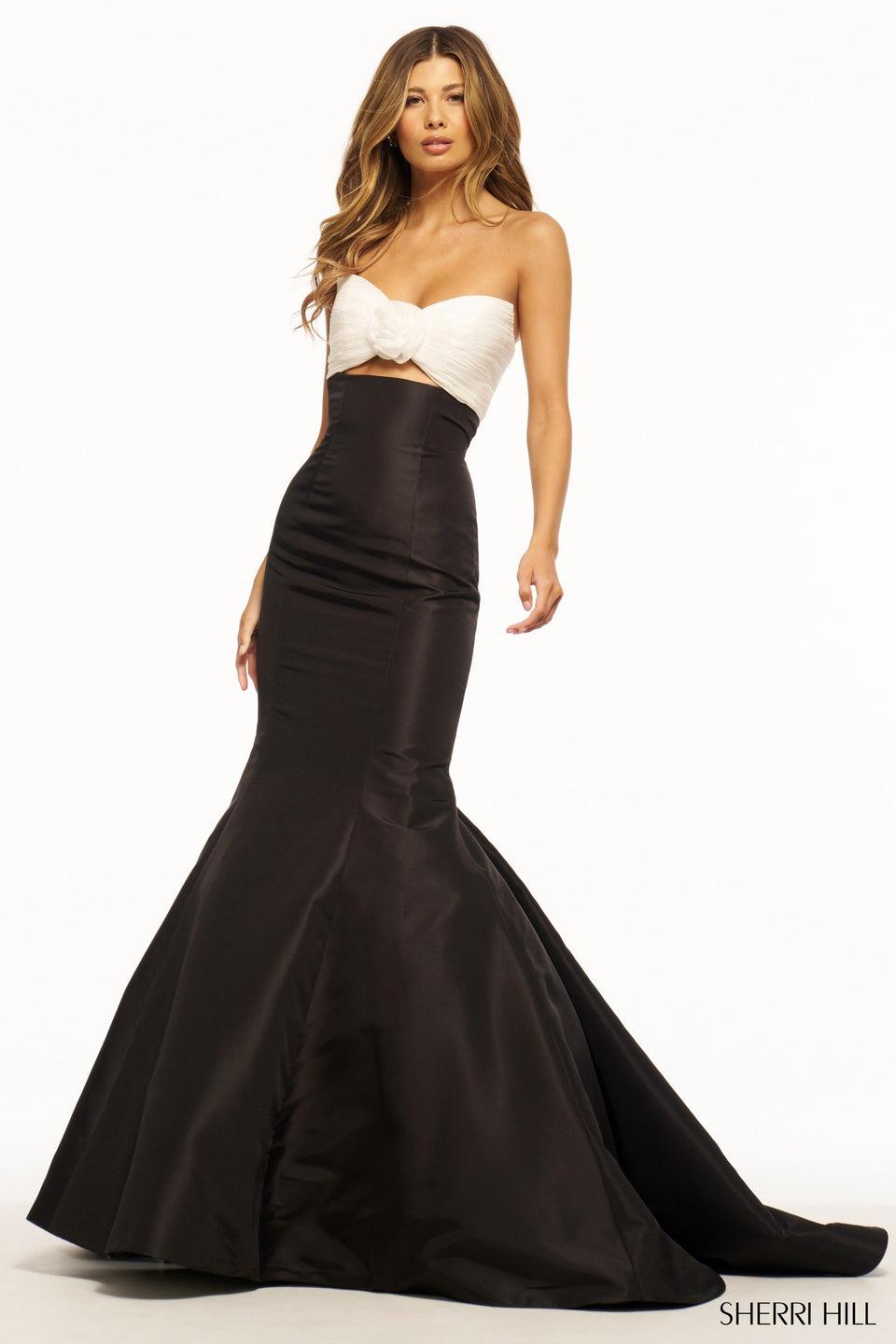 Sherri Hill Strapless Fitted Taffeta Mermaid Gown With Ruched Neckline And Key Hole Bodice
