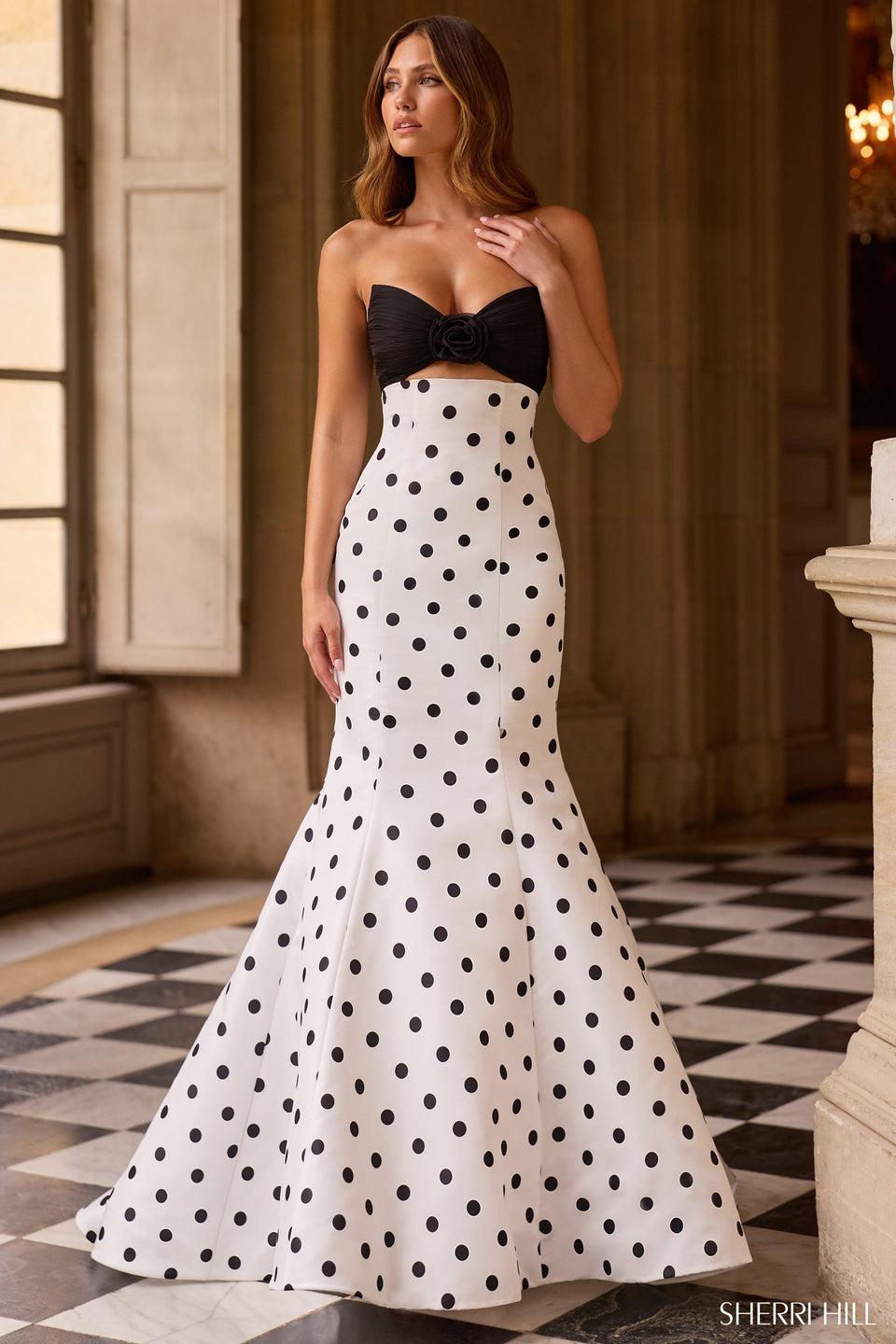 Sherri Hill Strapless Fitted Taffeta Mermaid Polkadot Gown With Key Hole Bodice