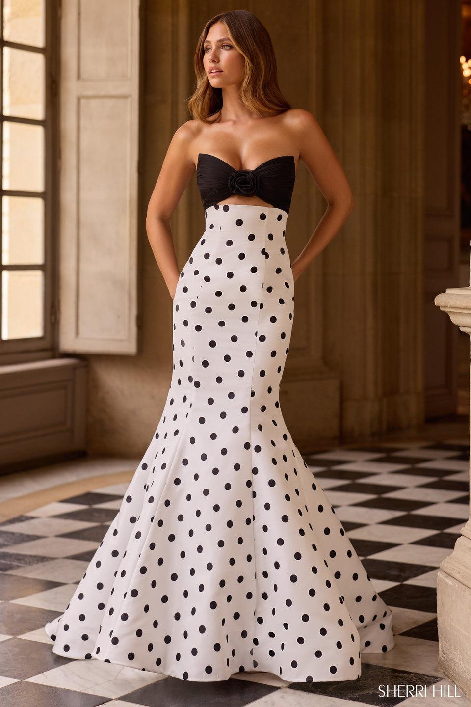 sherri hill Strapless fitted taffeta mermaid polkadot gown with key hole bodice