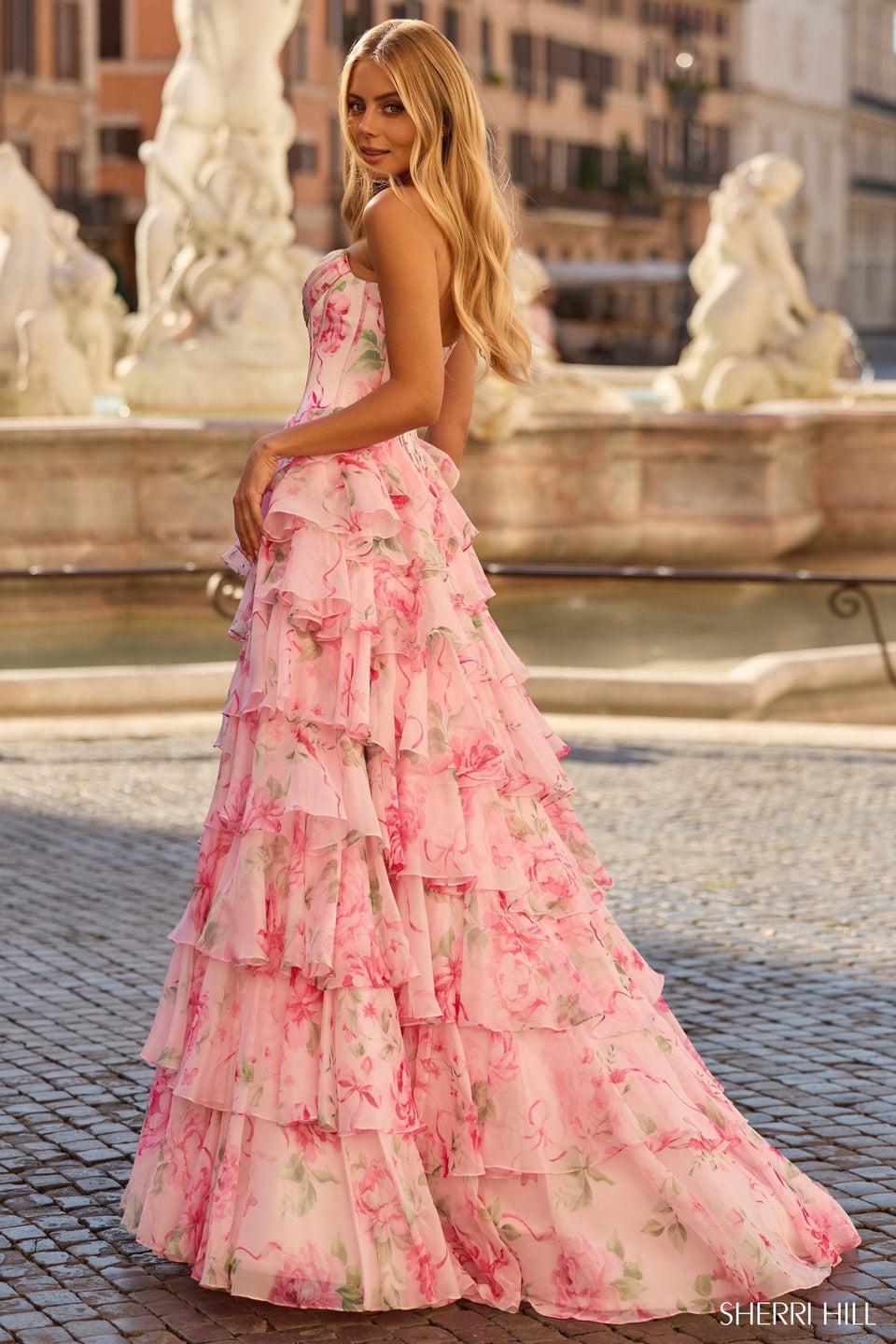 Sherri Hill Strapless Floral Ballgown With Corset Bodice And A Chiffon Ruffle Skirt